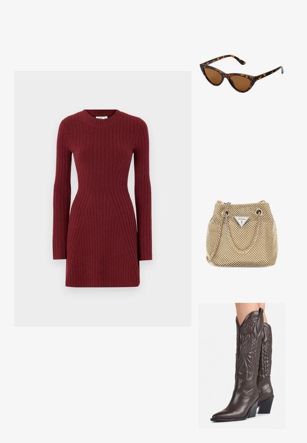 Ribota mezginė su ilgomis rankovėmis, apvalia iškirpte ir prigludusia siluetu, pagaminta gilių bordo atspalvių, kurios išsiskiria geometriniais raštais, suteikiančiais struktūruotą išvaizdą.; Rudos odinės kaubojaus batai su smailiu priekiu ir blokuotu kulnu, pasižymintys detaliu siuvinėjimu ir iškiliais akcentais ant ašies.; Katės akies saulės akiniai su juodu ir oranžiniu šarvuotu rėmeliu, ruda objektyvu ir elegantiškais, smailiais galiukais. Rėmelyje yra minimalus logotipas ant šventės.; Aukso rankinė pasižymi tekstūruotu audiniu su apvaliais metaliniais knopkėmis, trikampiu logotipo ženklu ir grandinės dirželiu su apvaliais metaliniais akmeniniais įdėklais.