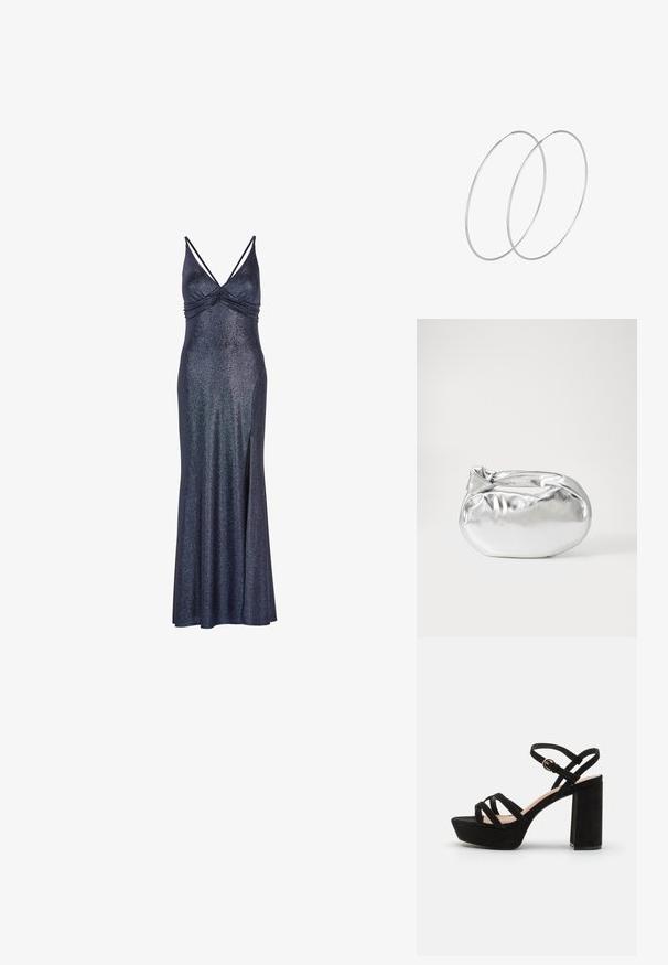 Pikk, tumesinine ilma varrukateta kleit, millel on sädeleva viimistlusega. Omab kogutud rinda ja külgsplit, et tagada mugav liikumine. Metallikaktsent kangas.; Mustadest sametist platvormsandaalid, millel on plokknina, ristuvad rihmad ja lukustatav pahkluu rihm turvaliseks sobivuseks.; Hõbedane metallikoti kott pehme, ümar kuju ja sõlme ülemise sulgemisega. Valmistatud siledast kunstnahast materjalist.; Hõbedased rõngastikkaehingad minimalistlikus disainis. Ümar kuju, sile tekstuur ja õhuke profiil. Kerged ning poleeritud viimistlusega.