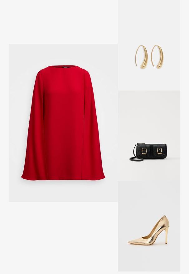 Rød kjole med bådudskæring, lange flydende ærmer, glat tekstur og tætsiddende silhuet. Ingen synlige dekorationer eller mønstre.; Skinnende guld spidse tå højhælede sko med en slank stilettohæl på en ensfarvet lys baggrund.; Sort læder crossbody taske med to frontlommer, guldspænder, lynlåslukning og en slank rem. Struktureret overflade og kompakt rektangulær form.; Guldfarvede metal hoops øreringe med en bøjet, forlænget form. Har en glat, skinnende overflade og en afrundet spids for ekstra detalje.