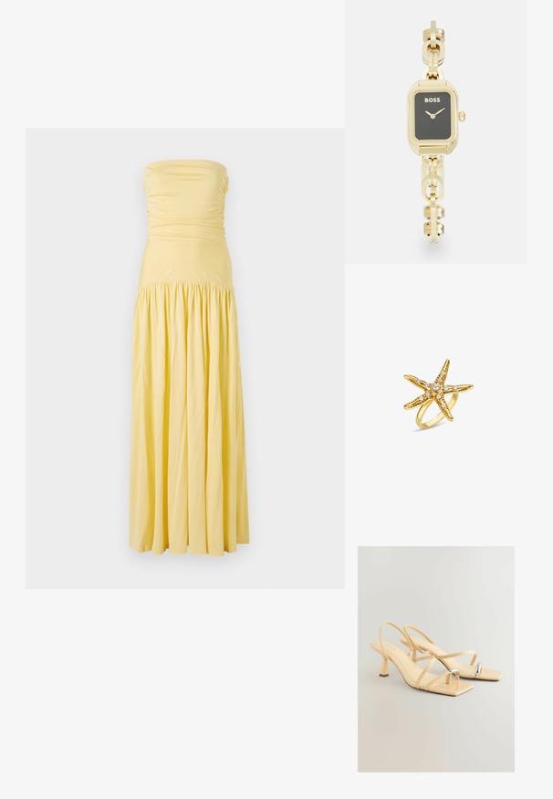 Maxi obleka brez naramnic v mehki rumeni tkanini, ki vsebuje gubanje na bodici ter nabran krilo, z lebdečo silhueto in gladko teksturo.; Beige sandals z visoko peto, s kvadratno konico, tankimi trakovi in metalnim akcentom na prstih. Visoka, blokasta peta za stabilnost.; Pravokotni zlat toniran ura z črnim številčnikom, zasnova verige z zapestnico in blagovno znamko "BOSS". Ima minimalistične kazalce in krono.; Zlat prstan v obliki zvezde z belimi biseri in teksturiranimi detajli na telesu, postavljen na gladko obroč.