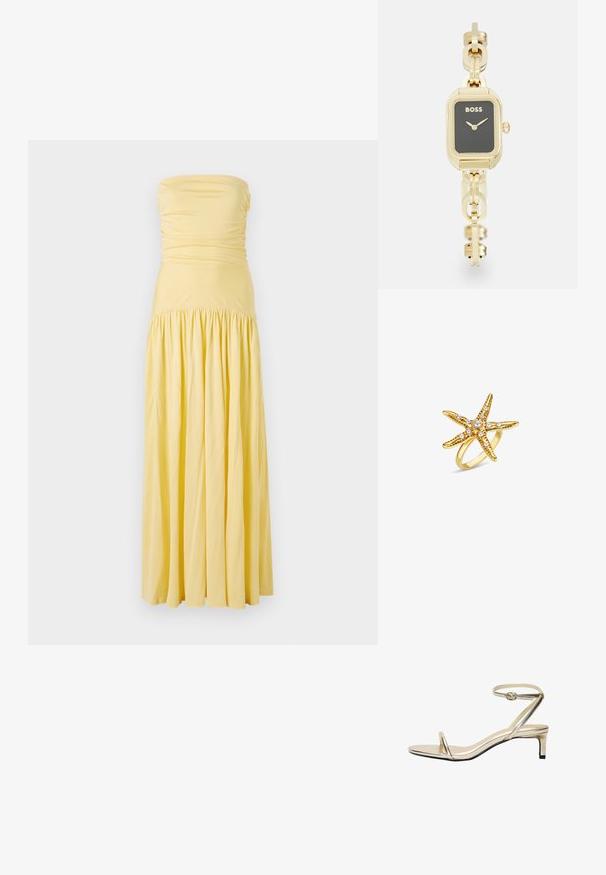 Trägerloses Maxikleid aus sanft gelbem Stoff, mit Raffung im Oberteil und einem gerafften Rock, der eine fließende Silhouette und eine glatte Textur bietet.; Metallisch goldene Sandale mit schlankem Knöchelriemen, offenen Zehen und niedrigem Blockabsatz. Sie zeichnet sich durch ein minimalistisches Design und eine glatte Textur aus.; Rechteckige goldfarbene Uhr mit schwarzem Zifferblatt, verbundenem Armbanddesign und "BOSS"-Markierung. Ausgestattet mit minimalistischen Zeigern und einer Krone.; Goldfarbener Ring in Form eines Seesterns mit weißen Perlenakzenten und strukturierten Details am Körper, auf einem glatten Ringband.