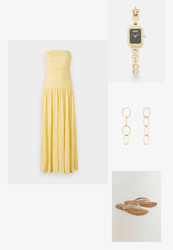 Strapless maxi jurk van zacht gele stof, met ruching op het lijfje en een geplooide rok, met een vloeiende silhouet en een gladde textuur.; Tan flip-flop sandalen met een gevoerd voetbed, voorzien van gevlochten beige, witte en gouden accenten op de band voor extra detail.; Rechthoekig gouden horloge met een zwarte wijzerplaat, schakelsband ontwerp en "BOSS" branding. Voorzien van minimalistische wijzers en een kroon.; Gouden creolen met vier onderling verbonden cirkelvormige vormen, variërend in grootte, met een gepolijste afwerking en een eenvoudige postbevestiging.