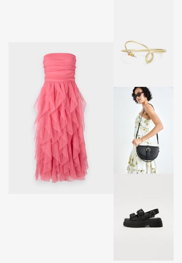 Bešvarkis su ryškiai rožine spalva, surinkta liemeniu ir sluoksniuotu tiulio volanu, krentančiu nuo liemens iki apvado. Minkšta, lengva tekstūra.; Juodi platform sandalai su trimis reguliuojamais sagtimis, tekstūruotu padu ir lygiu paviršiumi. Sukurti su tvirtu, masyviu siluetu.; Juodas odinis krepšys su išlenkta forma, nuimamu dirželiu ir auksiniais detalėmis. Krepšys turi kilpą su sagtimi.; Auksinės spalvos metalinė apyrankė su skysčiu, kreipiančiu dizainu. Viename gale yra mažas, išsiskiriantis, sidabrinės spalvos akcentas.