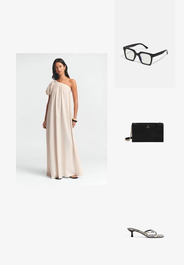 Heled pikk kleit heledas beežis, millel on üks puffvarrukas, kogutud kaelus ja voolav siluett. Sile kangas ja pahkluu pikkune disain.; Mustvalge maomustriga avatud varvaga muldigad, millel on kaks saledat rihma ja madal neljakandiline konts. Sile tekstuur läikivate aktsentidega.; Mustad mustad prillid, millel on mati pind, läbipaistvad läätsed ja kergelt sinine tooni ühel küljel. Tugev ja nurgeline disain.; Must musträkk nahast rahakott, millel on tekstureeritud viimistlus, kuldse logoga ja ahelast rihmaga. Suletav lukuga ja minimalistik disain.