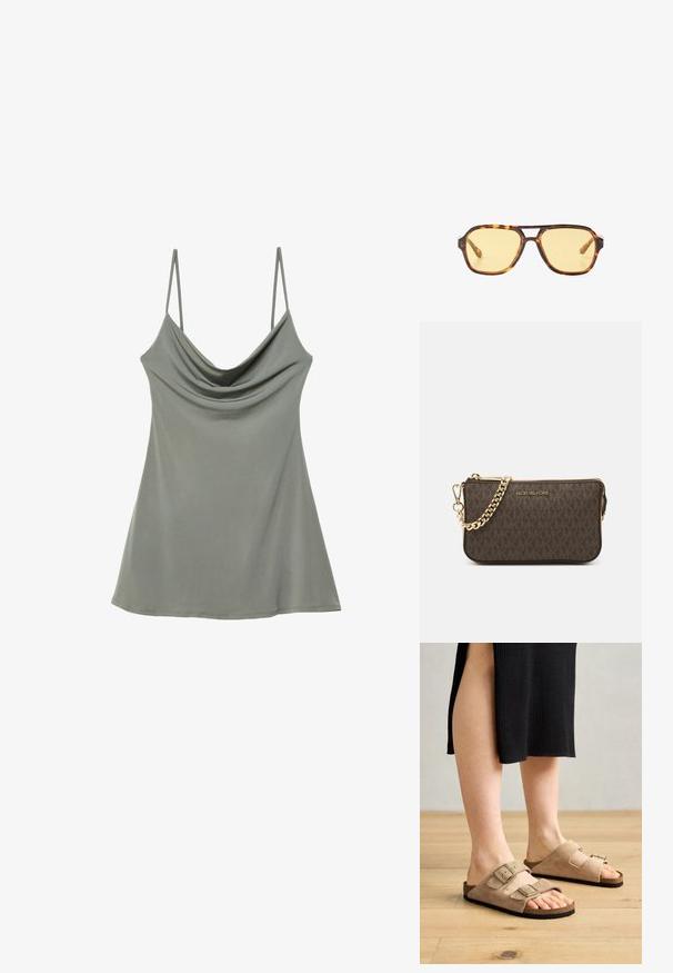 Lässiges, hellgraues Damenunterhemd mit dünnen, verstellbaren Trägern, gefertigt aus weichem Stoff, mit lockerer Passform und glatter Textur.; Beige Wildleder-Sandalen mit zwei verstellbaren Riemen, Korkfußbett und Gummisohlen, die an Füßen vor einem Holzfu Hintergrund präsentiert werden.; Sonnenbrille aus Schildpatt mit geometrischem Design, gelben Gläsern und Metallakzenten an den Bügeln. Breiter Rahmen und matte Textur.; Braune Leder-Crossbody-Tasche mit Logo-Muster, goldener Kettenriemen, Reißverschlussverschluss und goldenen Hardware-Details. Kompakte und rechteckige Form.