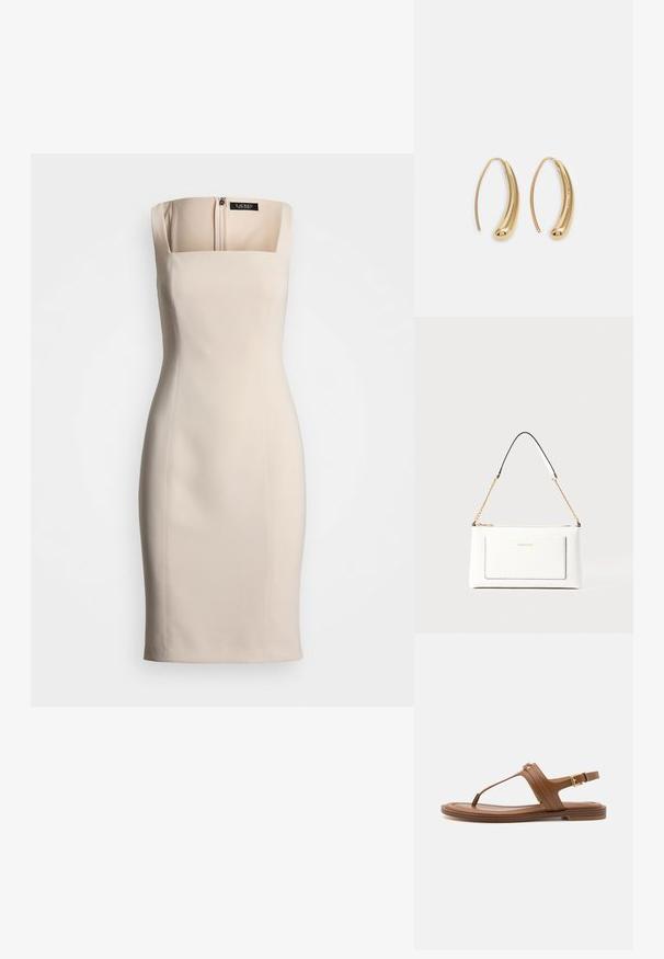 Vestito beige senza spalline, silhouette aderente, chiusura con zip sul retro, trama liscia e scollatura quadrata con design strutturato.; Sandalo in pelle marrone con design a infradito, suola piatta e cinturino alla caviglia regolabile con dettaglio in metallo dorato.; Borsa a tracolla bianca in pelle con un finish testurizzato, dotata di una tracolla in catena dorata e accenti neri. Include una tasca frontale e una chiusura con zip.; Orecchini a cerchio in metallo color oro con forma curva ed allungata. Presentano una superficie liscia e lucida e una punta arrotondata per un tocco di dettaglio in più.