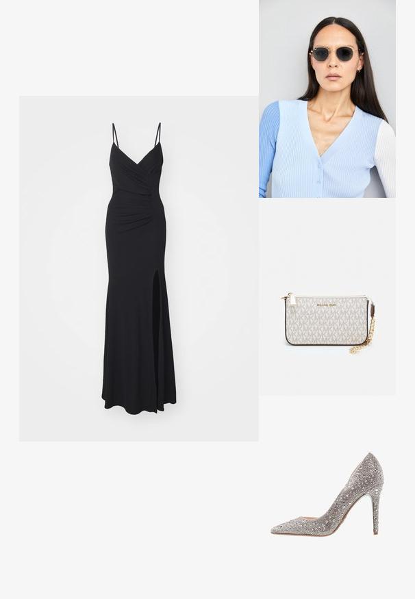 Fekete estélyi ruha vékony, állítható pántokkal, V-nyakkal, gyűrődésekkel a mellrészen, és combmagas hasítékkal az egyik oldalon. Rugalmas anyagból készült.; Csillogó ezüst magas sarkú cipő, hegyes orral, flitterekkel és drágakövekkel díszítve, vékony stiletto sarkal és sima talppal.; Kerek napszemüveg sötét lencsékkel és arany kerettel. A modellen világoskék, bordázott kardigán van gombokkal és kontrasztos fehér ujjaival.; Michael Kors bézs bevonatos vászon karkötő, amely ismétlődő MK logó mintával, aranyszínű fémrészletekkel és levehető lánchordóval rendelkezik.