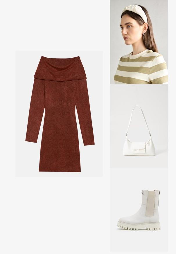 Šaty s odhalenými rameny a dlouhými rukávy v barvě rezavé; mají volně splývací výstřih s jemným, texturovaným povrchem.; Bronx GROOV-Y - Kotníkové boty na platformě - winter white; Bílá syntetická kabelka v trojúhelníkovém tvaru, s plochým předním klopným víkem a detailem mašle, nastavitelným popruhem, hladkým povrchem a minimalistickým designem.; Krémová polstrovaná čelenka s twist designem, doplněná béžovým a bílým pruhovaným tričkem s kulatým výstřihem. Jemné šperky.
