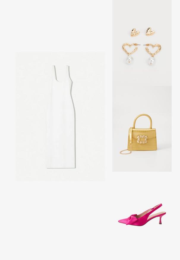 Witte mouwloze jurk met een ronde halslijn, aangesloten silhouet en enkel lengte zoom. Gemaakt van een gladde stof met een minimalistisch ontwerp.; Next FOREVER COMFORT BOW REGULAR FIT - Klassieke pumps - pink; Geel faux-krokodillenhandtas met een gestructureerd ontwerp, bovenhandvat, afneembare kettingriem en decoratieve kristallen versiering op de sluiting.; Goudkleurige, hartvormige oorbellen met een gestructureerde afwerking, voorzien van een hangende parelaccent. Inclusief bijpassende hartvormige studs.