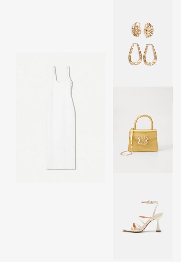 Rochie albă fără mâneci, cu decolteu rotund, siluetă ajustată și tiv până la gleznă. Confectionată dintr-un material neted, cu un design minimalist.; Sandale albe cu toc înalt, cu barete, închise la gleznă, cu o textură netedă, vârf pătrat și toc sculptat. Brant interior de un bej deschis.; Geantă galbenă din faux-crocodil cu un design structurat, mână superioară, curea detașabilă cu lanț și embellisment decorativ cu cristale pe închidere.; Cercei aurii cu forme texturate și ondulate. Include studs sculpturale cu clip și un design de cerc deschis cu un finisaj cioplit.