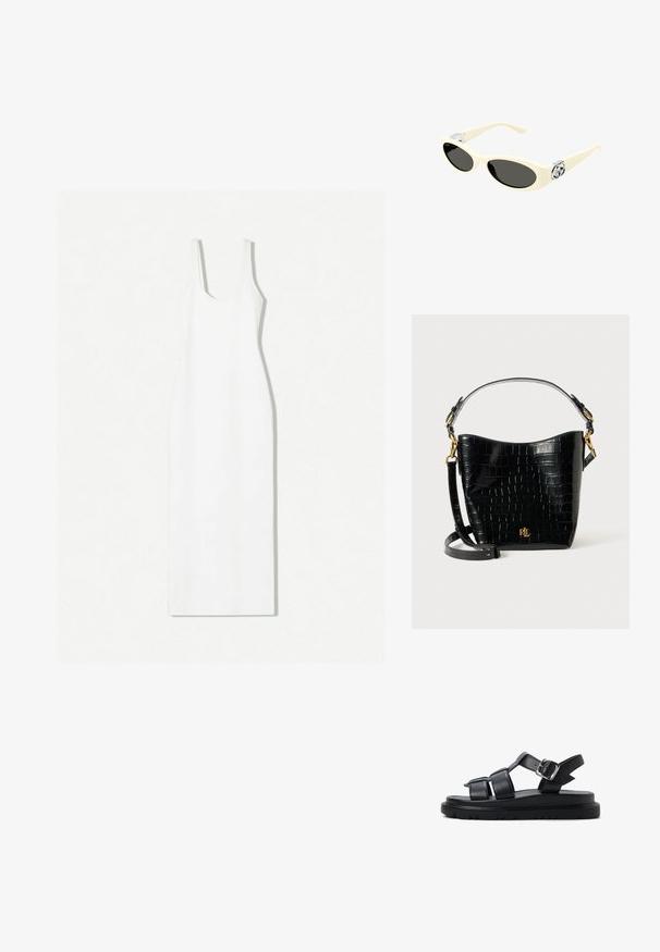 Witte mouwloze jurk met een ronde halslijn, aangesloten silhouet en enkel lengte zoom. Gemaakt van een gladde stof met een minimalistisch ontwerp.; Zwarte leren sandalen met brede banden, een gesp-sluiting en een dikke, gestructureerde zool met ribbels voor grip.; Crème-kleurige zonnebril met ovale lenzen, zwarte tint en metallic logo accenten op de slapen. Zachte textuur, cat-eye ontwerp.; Zwarte croco-embossed leren tas met een gebogen ontwerp, gouden hardware-accenten, een verstelbare schouderriem en een logo-detail aan de voorkant.