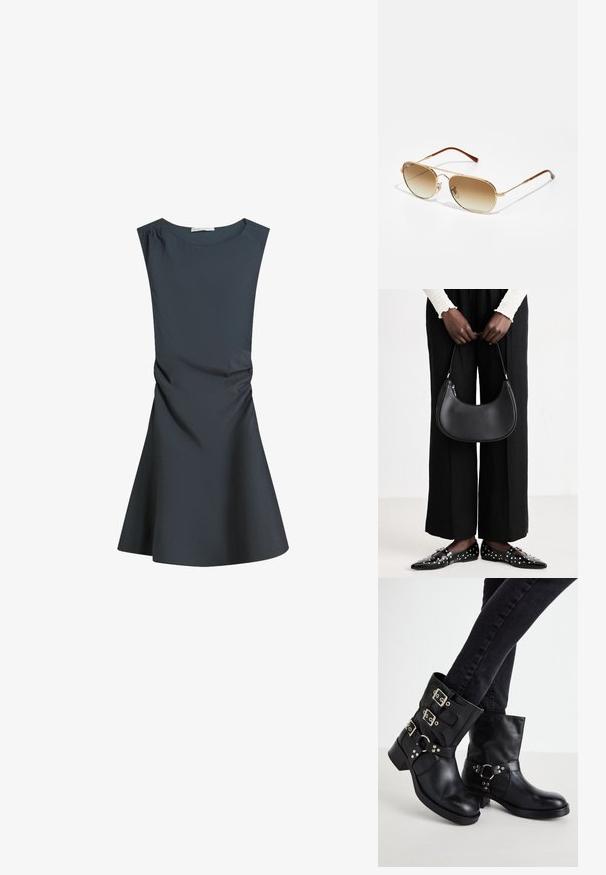 Tamno siva haljina bez rukava s okruglim izrezom, pripijenim gornjim dijelom i lepršavom suknjom, s diskretnim nabiranjem sa strane za teksturu.; Crne kožne gležnjače s tri akcenta kopče, zaobljenim vrhom i niskim blok petom. Dizajn uključuje glatke i teksturirane panele.; Zlatne aviator naočale s gradijentnim smešnim lećama, metalnim okvirom i smešnim plastičnim vrhovima. Glatka tekstura, minimalni detalji na hardveru.; Crna kožna torba preko ramena zaobljenog oblika, s sjajnom završnom obradom i srebrnim hardverom. Osoba nosi crne hlače širokog kroja i loaferice sa studovima.