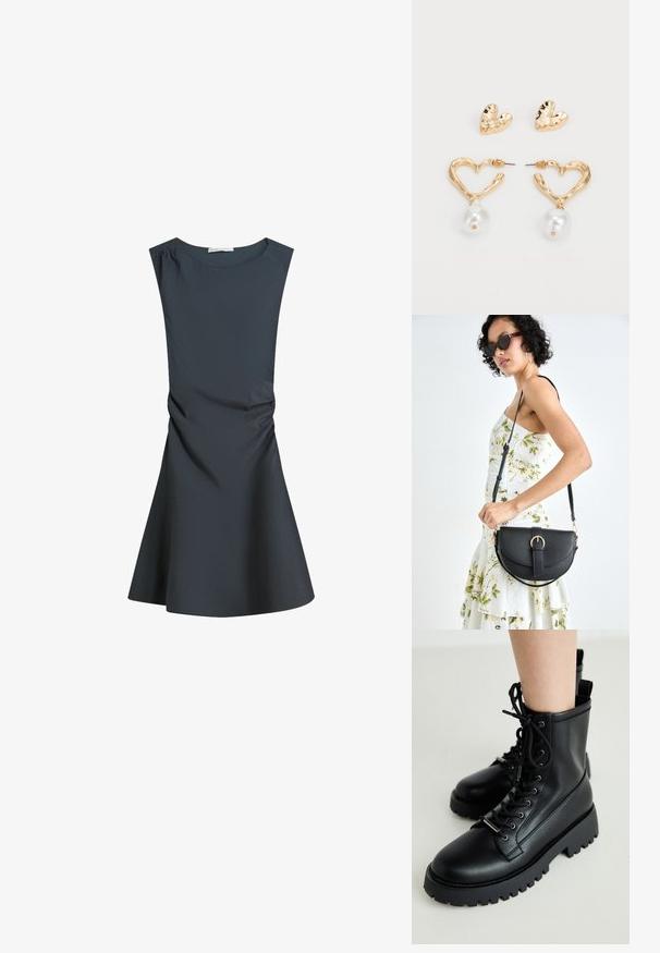 Abito senza maniche di colore grigio scuro con scollatura rotonda, corpino aderente e gonna svasata, caratterizzato da delicate arricciature sui lati per aggiungere texture.; Stivali alla caviglia neri con lacci realizzati in pelle liscia. Suola in gomma spessa con schemi di battistrada profondi. Include un anello sul tallone per indossarli facilmente.; Borsa a tracolla nera in pelle con una forma curva, manico rimovibile e accessori dorati. La borsa presenta una patta con un dettaglio a fibbia.; Orecchini a forma di cuore in tono dorato con una finitura texture, caratterizzati da un'accoppiatura di perle pendenti. Include orecchini a perno a forma di cuore abbinati.