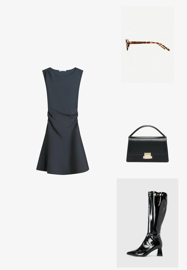Temno siva brezrokavna obleka z okroglim izrezom, prilegajočim zgornjim delom in širokim krilom, ki vsebuje subtilno nabiranje na strani za teksturo.; Črne lakirane usnjene škornje do kolen s koničastim nosom, geometrijskim blokastim petam in sijajnim zaključkom, ki vsebuje dekorativen gumb na vrhu.; Sončna očala iz želvosliva z debelimi okvirji, rahlo ukrivljenimi nogicami in gladko teksturo. Imajo klasičen dizajn z sijočim finišom.; Črna usnjena torbica z strukturiranim dizajnom, zgornjim ročajem in zlate kovinske sponke na sprednji strani. Gladka tekstura, minimalno šivanje.