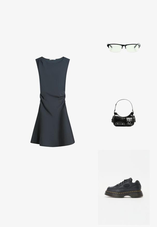 Sötétszürke ujjatlan ruha, kerek nyakkivágással, testhez simuló fazonnal és bővülő szoknyával, az oldalán finom redőzéssel a textúra érdekében.; Fekete bőr sneaker, texturált felső résszel, kerek orral és vastag platform talppal. Sárga kiemelő varrásokkal és márkázott oldalsó logóval rendelkezik.; Fekete téglalap alakú szemüveg, tiszta lencsékkel, elegáns fekete kerettel és szürke áttetsző szárakkal. Minimalista dizájn, látható márkajelzés nélkül.; Fekete lakkbőr kézitáska ívelt formával, egy vállpánttal, elülső zsebekkel és ezüstszínű fémrészletekkel.