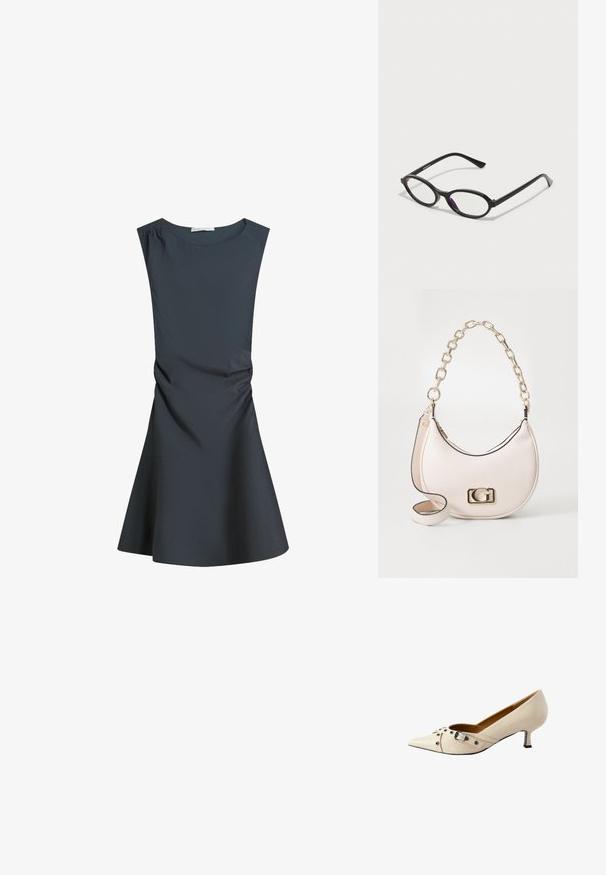 Donkergrijze mouwloze jurk met een ronde halslijn, een getailleerde lijfje en een uitlopende rok, met subtiele plooien aan de zijkant voor textuur.; Beige leren pump met een spitse neus, voorzien van een decoratieve band met een gesp en zilveren studs, en een kleine hak.; Zwarte ovale brillen met doorschijnende paarse accenten op de lenzen. De monturen hebben een matte afwerking en slanke, rechte veren.; Roze leren handtas met textuur, een gouden kettinghengsel, een ronde vorm en een gouden logo-accent aan de voorkant. Heeft een extra schouderband.
