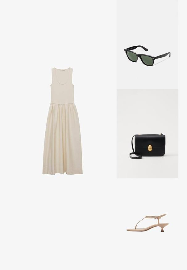 Beige sleeveless dress with a scoop neckline, fitted bodice, and a loose, flowing skirt. Smooth fabric with a soft texture and subtle sheen.; Beige heeled sandal with a thin T-strap design, adjustable ankle strap, low block heel, and smooth surface texture.; Black plastic sunglasses with green lenses, square frames, silver accent on the brow, and textured temple arms. Stated brand on inner arm.; Black leather handbag with a structured rectangular shape. Features a golden oval clasp and a thin shoulder strap. Smooth texture.