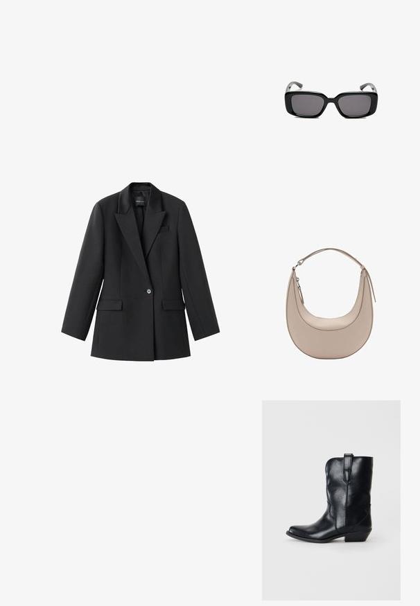 Černý blejzr vyrobený z hladké látky, s klopami, zapínáním na jeden knoflík a dvěma bočními kapsami. Střih na míru se dlouhými rukávy.; Černé kožené kovbojské boty s špičatou špičkou, výškou do poloviny lýtek, dekorativním prošíváním a malým podpatkem. Obsahují poutko pro snadné obouvání.; Černé obdélníkové sluneční brýle s tmavými skly, hladkým plastovým rámem a zakřivenými stranicemi. Design je robustní s minimalistickou estetikou.; Světle béžová kožená kabelka přes rameno s půlměsíčovým tvarem, hladkým povrchem a jedním zakřiveným uchopem. Obsahuje zipový uzávěr a upravené švy.