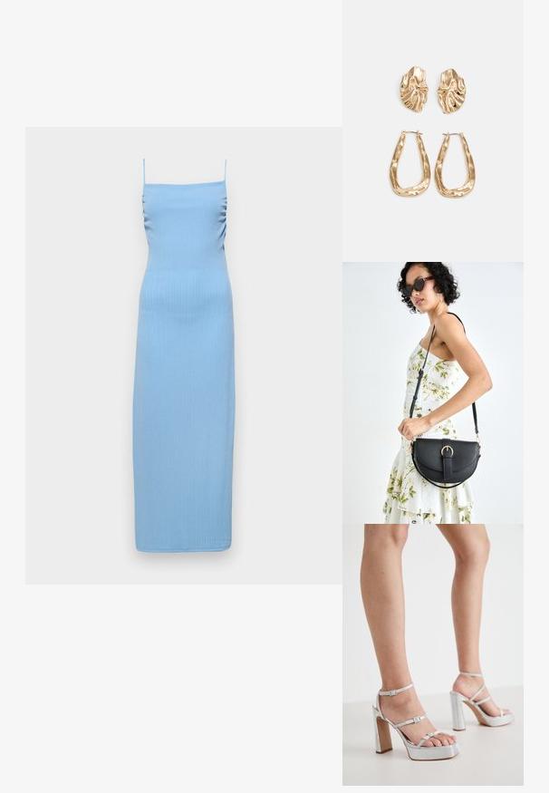 Šviesiai mėlyna raukinėta midi suknelė su spaghetti petnešomis, išsiskirianti šoninėmis raukšlėmis ir prigludusia siluetu. Lygus tekstūra, iki kelių siekianti išvaizda.; Sidabriniai platforminiai aukštakulniai sandalai su kulkšnies dirželiais, tekstūruota medžiaga, platus blokinis kulnas ir reguliuojamos sagtelės.; Juodas odinis krepšys su išlenkta forma, nuimamu dirželiu ir auksiniais detalėmis. Krepšys turi kilpą su sagtimi.; Auksinės auskarai, turintys tekstūruotus, bangų formos elementus. Įeina skulptūriniai segami auskarai ir atviri lankai su išmuštu paviršiumi.