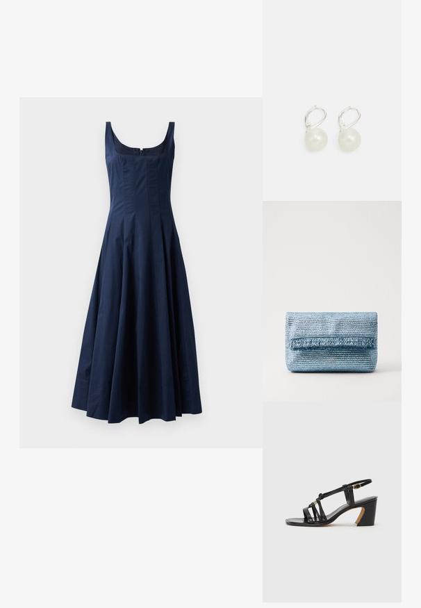 Ujjatlan sötétkék midi ruha négyzet alakú dekoltázzsal, testhez simuló felső résszel, bővülő szoknyával és elöl cipzáras záródással.; Paul Smith AMIRA - Klasszikus sarkú cipők - black; Világoskék szőtt táska textúrált felülettel és bojt részlettel az elején. Letisztult téglalap alakú, finom logóval.; Gyöngy csepp fülbevalók sima felülettel, ezüst színű karikával és kerek, fehér gyöngyökkel. Egyszerű, klasszikus dizájn.