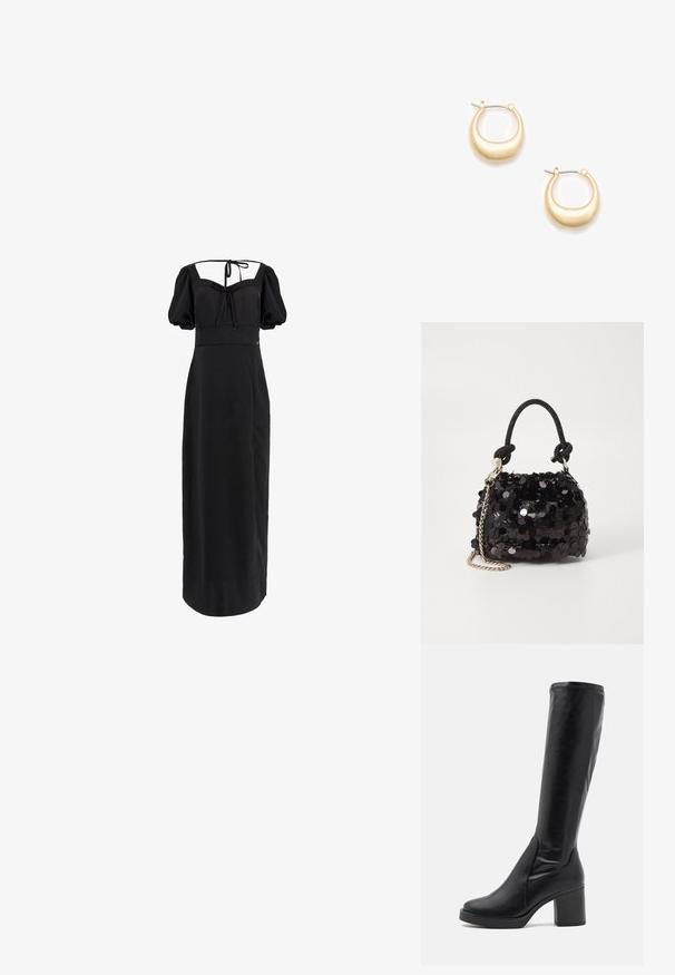 Black mid-length dress with puff sleeves, square neckline, and tie-back detail. Made of smooth fabric with a fitted bodice and flowing skirt.; Black knee-high boots made of smooth leather with a chunky heel and a rounded toe. Features a seamless design and subtle stitching accents.; Black sequin mini handbag with a knotted textured strap and silver chain. Rounded shape with gathered top and reflective detailing.; Gold-tone hoop earrings with a smooth, rounded shape and a shiny surface. Secured by a silver-tone hinge.