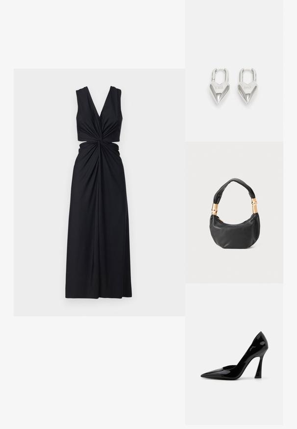 Robe noire sans manches avec un décolleté en V profond, un design frontal noué et un tissu fluide. La jupe tombe jusqu'au sol.; Pompe à talon aiguille en cuir verni noir avec un bout pointu et un talon aiguille angulaire, arborant une texture lisse et brillante.; Sac à main en cuir noir de forme ronde, texture douce, et avec une anse nouée ornée d'accents en matériel doré. Fermeture éclair.; Cadenas en forme de cœur en argent avec les inscriptions gravées "OUI" et "NON", finition polie, design symétrique et un robuste fermoir en métal.