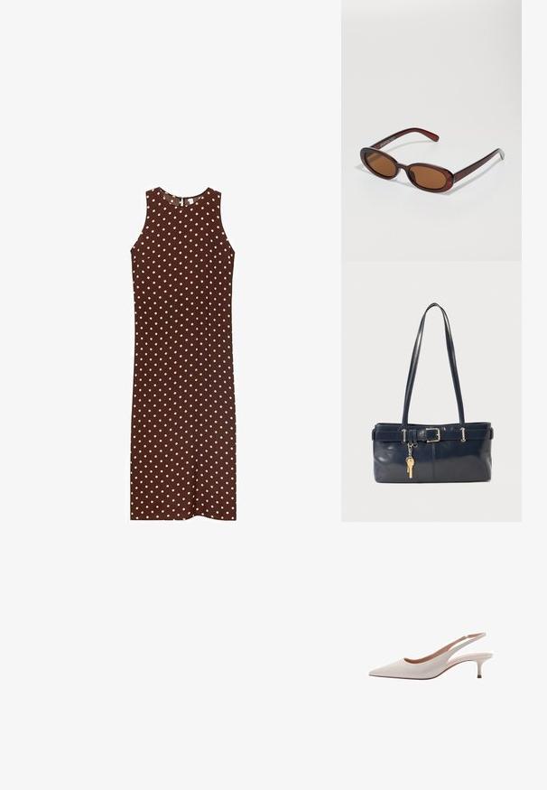 Brown sleeveless dress with white polka dots, featuring a round neckline and a straight silhouette. Smooth fabric with a simple design.; Mango Classic heels - off-white; Round, brown-tinted sunglasses with a glossy burgundy frame. Slim arms with subtle branding detail. Flat lens design.; Navy leather handbag with two long handles, a buckle detail, and a keychain attached. Features a smooth texture and a rectangular shape.