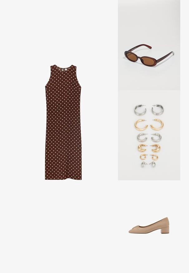 Abito marrone senza maniche con pois bianchi, caratterizzato da un collo rotondo e una silhouette dritta. Tessuto liscio con un design semplice.; Décolleté beige in pelle con punta affusolata, piccolo fiocco sulla parte anteriore e tacco quadrato basso. Texture liscia con cuciture minime.; Occhiali da sole rotondi con tonalità marrone, montatura lucida color bordeaux. Aste sottili con un sottile dettaglio del marchio. Design delle lenti piatte.; Set di otto orecchini in metallo nei toni dell'argento e dell'oro. Include vari stili di cerchi, texture e finiture, disposti per dimensione.