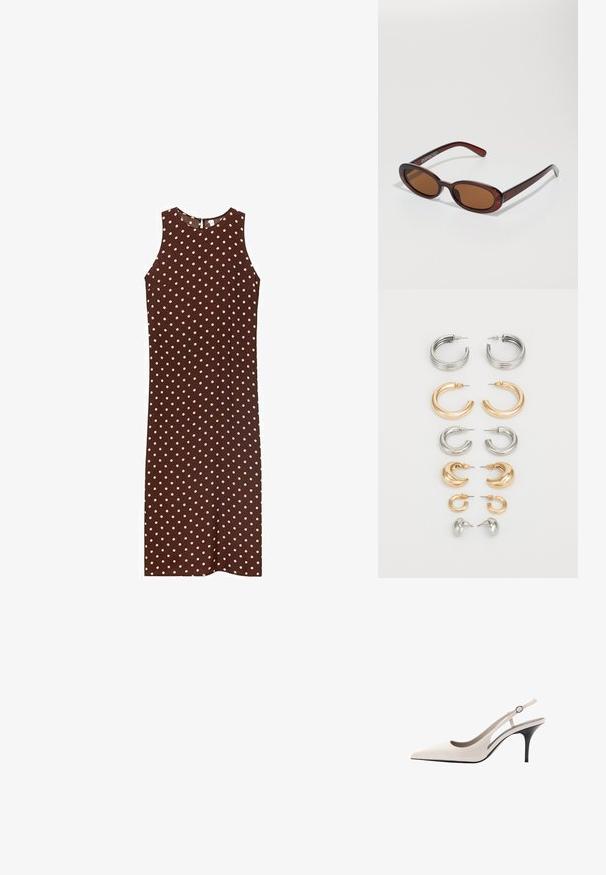 Abito marrone senza maniche con pois bianchi, caratterizzato da un collo rotondo e una silhouette dritta. Tessuto liscio con un design semplice.; Mango Decolleté - white; Occhiali da sole rotondi con tonalità marrone, montatura lucida color bordeaux. Aste sottili con un sottile dettaglio del marchio. Design delle lenti piatte.; Set di otto orecchini in metallo nei toni dell'argento e dell'oro. Include vari stili di cerchi, texture e finiture, disposti per dimensione.