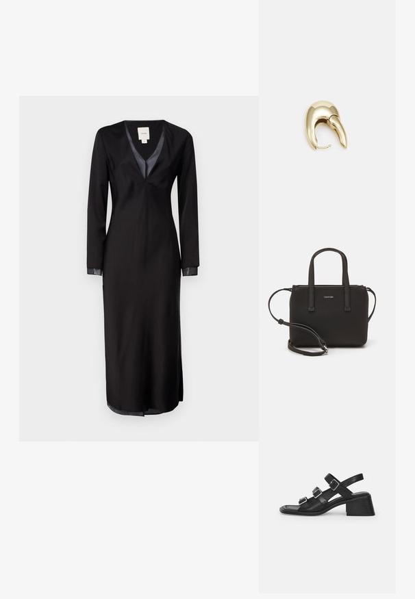 Čierne šaty s dlhým rukávom z hladkej tkaniny, s hlbokým V-výstrihom, saténovými akcentmi na golieri a bočnými rozparkami pre pohodlný pohyb.; Čierne kožené sandále so tromi nastaviteľnými prackami, štvorcovou špičkou a zoštíhleným blokovým podpätkom. Hladká textúra a minimalistický dizajn.; Čierna kabelka s dvojitými krátkymi rúčkami a odnímateľným ramenným popruhom. Hladký materiál podobný koži s uzatváraním na zips a detailom loga.; Náušnice z kovu v zlatej farbe s elegantným, zakriveným dizajnom. Majú charakteristický špicatý tvar, leštený povrch a uzáver na pánt.