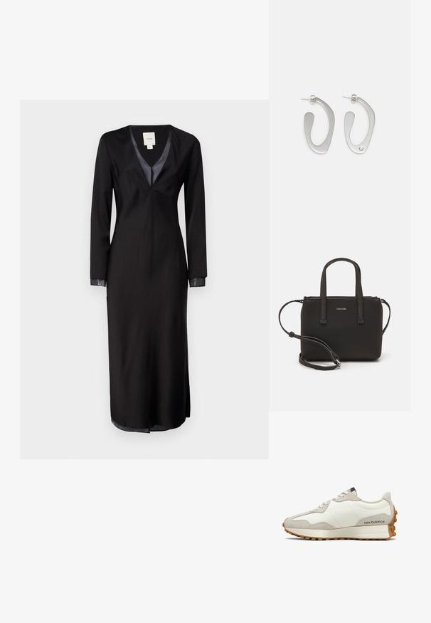 Crna haljina dugih rukava od glatkog materijala, s dubokim V-izrezom, satenskim detaljima na ovratniku i bočnim prorezima za lakše kretanje.; Bijele i bež tenisice s glatkom kožnom gornjom površinom, suedenim akcentima, zaobljenim vrhom i teksturiranim gumiranim potplatom. Ime branda otisnuto je sa strane.; Crna torba s dva kratka ručka i uklonjivom naramenicom. Glatki materijal nalik koži s zatvaračem na zatvaranje i detaljem s logom.; Srebrne metalne naušnice s fluidnim, apstraktnim oblikom i poliranim završetkom. Jedne su istaknute malim kristalnim detaljem.