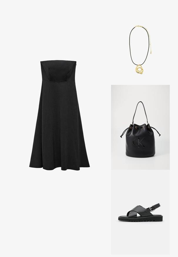 Črna brezramna obleka s prilegajočim korzetom in širšim, dolgem krilom, ki sega do tal. Narejena iz gladkega materiala brez vidnih vzorcev ali dodatkov.; Črne usnjene sandale z zasnovo križnega traku, nastavljivim zatičem in teksturirano podplatno površino z utori za oprijem.; Črna usnjena torba v obliki zaboja z vrvico za zapiranje, ki ima na sprednji strani sijajni logo "CK" in zlate kovinske dodatke.; Pilgrim UNFOLD - Verižica - gold