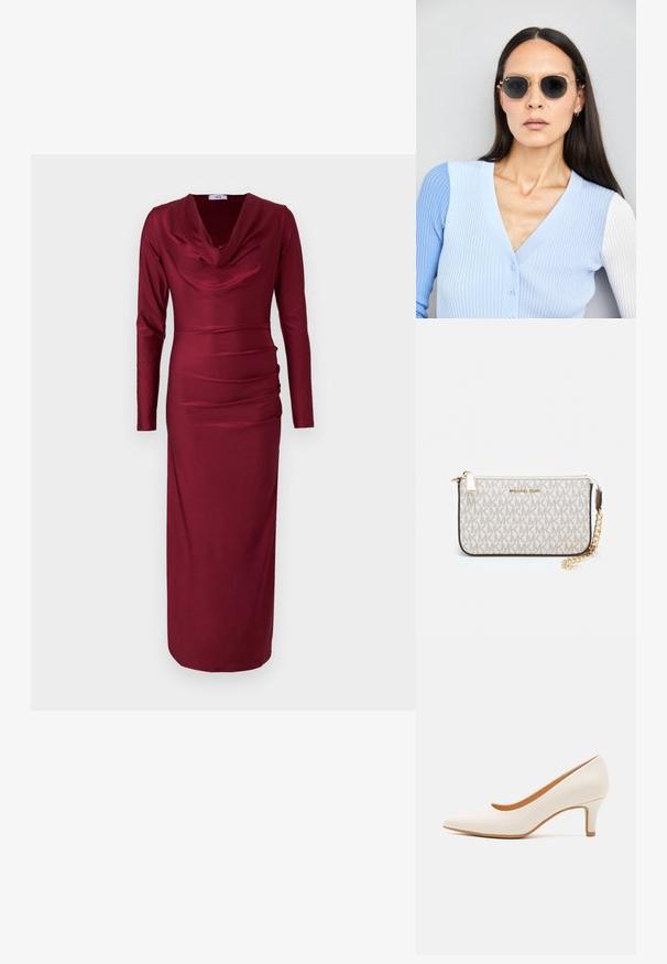 Burgunderrotes Langarmkleid mit Wasserfallausschnitt, gerafften Details über dem Oberkörper und einer figurbetonten Silhouette. Glatter, elastischer Stoff.; Weißes Leder-High-Heel-Schuh mit spitzem Zeh und schlankem, leicht geneigtem Absatz. Glatte Textur mit minimalistischer Gestaltung und beigem Absatz.; Runde Sonnenbrillen mit dunklen Gläsern und goldenen Rahmen. Das Modell trägt eine hellblaue, gerippte Strickjacke mit Knöpfen und weißen Kontrastärmeln.; Michael Kors Clutch in beige beschichtetem Canvas mit einem wiederholten MK-Logo-Muster, goldfarbener hardware und einem abnehmbaren Kettenriemen.