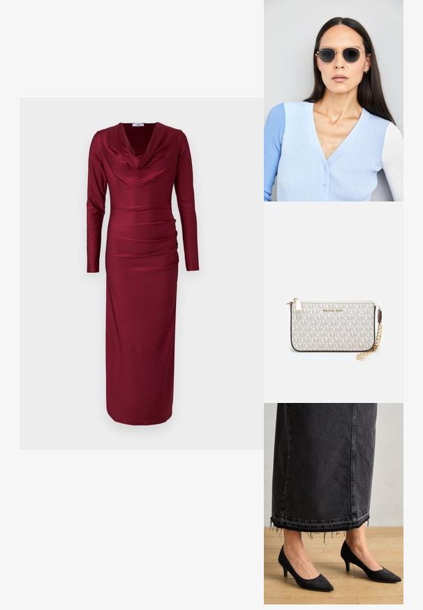 Burgundy long-sleeve dress with a cowl neckline, gathered detailing across the torso, and a form-fitting silhouette. Smooth, stretchy fabric.; Black suede pumps with a pointed toe and a 3-inch heel, paired with a long, dark denim skirt featuring frayed hem details.; Round sunglasses with dark lenses and gold frames. The model wears a light blue, ribbed cardigan with buttons and contrast white sleeves.; Michael Kors wristlet in beige coated canvas featuring a repeating MK logo pattern, gold hardware, and a detachable chain strap.