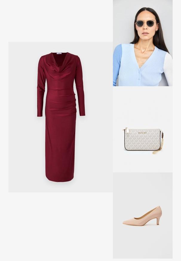 Burgundy long-sleeve dress with a cowl neckline, gathered detailing across the torso, and a form-fitting silhouette. Smooth, stretchy fabric.; Pointed-toe, patent pink high heel shoe with a low heel, featuring a smooth, glossy finish and a subtle open v-shaped cut at the front.; Round sunglasses with dark lenses and gold frames. The model wears a light blue, ribbed cardigan with buttons and contrast white sleeves.; Michael Kors wristlet in beige coated canvas featuring a repeating MK logo pattern, gold hardware, and a detachable chain strap.