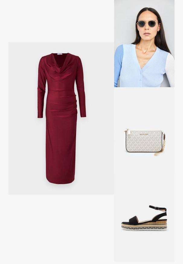 Viininpunainen pitkähihainen mekko, jossa on viistokaarikaulus, vartalon yli kerrostettu yksityiskohta ja vartalonmyötäinen siluetti. Sileä, joustava kangas.; Mustasaumainen sandaali leveällä hihnalla, nilkkataskulla ja kerrostetulla wedge-pohjalla, jossa on luonnollisia tekstuureja ja punottu kuvio.; Pyöreät aurinkolasit, joissa on tummat linssit ja kultaiset kehykset. Mallilla on päällään vaaleansininen, ribatusta materiaalista valmistettu neuletakki, jossa on napit ja kontrastiväriset valkoiset hihat.; Michael Kors kääröbeige pinnoitettua kangasta, jossa on toistuva MK-logo -kuvio, kultaiset yksityiskohdat ja irrotettava ketjuhihna.