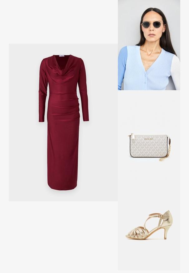 Bordeauxrode jurk met lange mouwen en een coltrui-halslijn, met geplooide details over het torso en een nauwsluitend silhouet. Soepele, rekbare stof.; Gouden metallic hoge hak sandaal met gekruiste banden, open teen, verstelbare enkelriem met gesp en een slanker hakontwerp.; Ronde zonnebrillen met donkere glazen en gouden montuur. Het model draagt een lichtblauwe, geribbelde cardigan met knopen en contrasterende witte mouwen.; Michael Kors polsbandje in beige gecoate canvas met een herhaald MK-logo patroon, gouden hardware en een afneembare kettingriem.