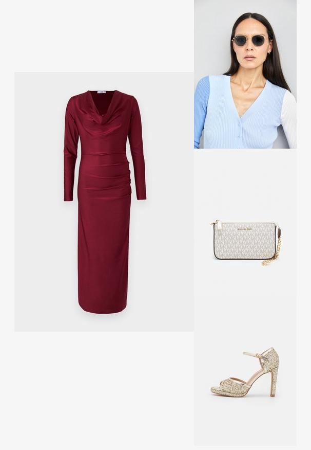 Vestito bordeaux a maniche lunghe con scollo a cascata, dettagli arricciati sul torso e silhouette aderente. Tessuto liscio ed elasticizzato.; Sandal con tacco alto in glitter dorato, con punta aperta, cinturino alla caviglia e platform spesso. Accenti metallici lisci miglioran o il design complessivo.; Occhiali da sole rotondi con lenti scure e montatura dorata. Il modello indossa un cardigan leggero azzurro a costine con bottoni e maniche bianche a contrasto.; Wristlet Michael Kors in tela rivestita beige con motivo a logo MK ripetuto, hardware dorato e tracolla a catena staccabile.