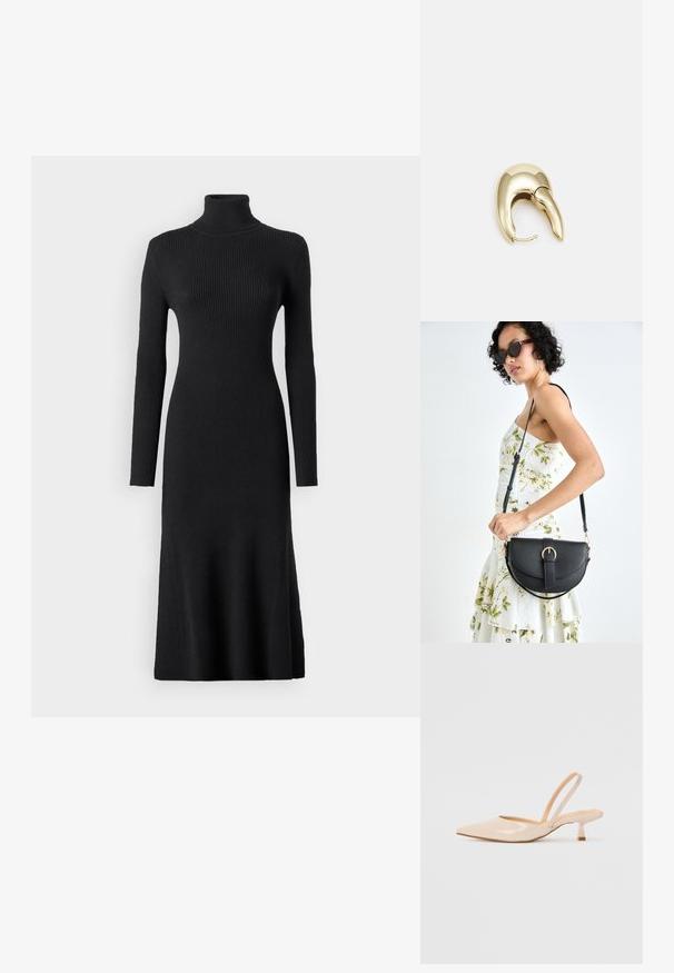 VILA VIAMARIA ROLL NECK DRESS - Strickkleid - black; Beige Lackleder Slingback-Pumps mit spitzem Vorderteil und einem schlanken, quadratischen Absatz. Glatte Textur und minimalistisches Design ohne Verzierungen.; Schwarze Lederhandtasche mit geschwungener Form, abnehmbarem Tragegurt und goldenen Beschlägen. Die Tasche verfügt über einen Deckel mit einer Schnallen-Details.; Ohrringe aus goldfarbenem Metall mit einem schlanken, geschwungenen Design. Sie verfügen über eine markante, spitze Form, eine polierte Oberfläche und einen Scharnierverschluss.