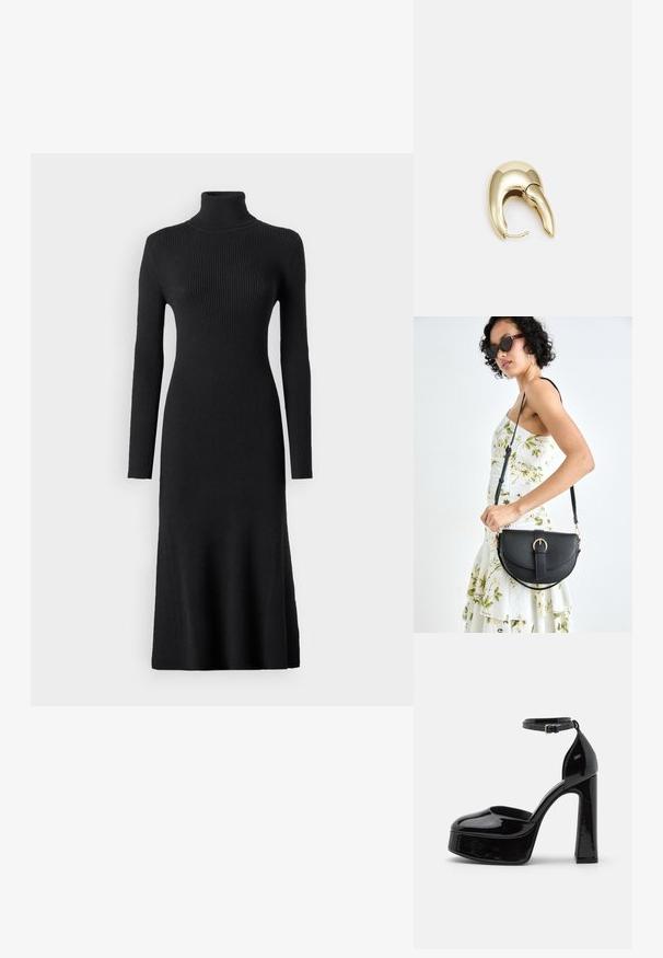 VILA VIAMARIA ROLL NECK DRESS - Neulemekko - black; Mustat lakatut korkokengät korokepohjalla, nilkkahihnalla, pyöreällä varvalla ja paksupohjaisilla korkoilla, jotka esittelevät sileää ja kiiltävää pintaa.; Musta nahkainen käsilaukku, joka on kaareva muotoilultaan, irrotettavalla hihnalla ja kultaisilla yksityiskohdilla. Laukussa on läppä, jossa on solk yksityiskohta.; Kultahipuinen korvakoru, jossa on sulavalinjainen, kaareva muotoilu. Ominaisuuksiin kuuluu erottuva terävä muoto, kiillotettu pinta ja sarana kiinnitys.