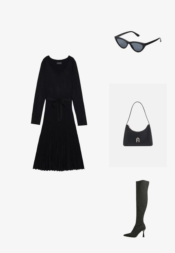 Sorte kjole med lange ærmer, rund halsudskæring og bælte i taljen. Har en ribbet tekstur og en let, plisseret nederdel.; Lipsy Højhælede støvler - black; Sorte katteøje solbriller med mørkegrå linser, slankt plastisk stel, spidse hjørner og lige stænger. Ingen synlig hardware eller dekorationer.; Sort skuldertaske fremstillet af glat materiale, med en buet form, guldlynlås og en guldpræget logoaccent på fronten.