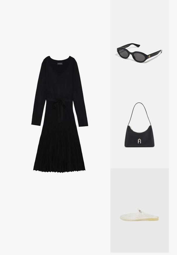 Schwarzes Kleid mit langen Ärmeln, Rundhalsausschnitt und tailliertem Design. Hat eine gerippte Textur und einen schwingenden, gefältelten Rock.; Transparenter Kunststoff-Schlupfschuh mit einem Gittermuster, runder Zehenpartie und einem kleinen silbernen Akzent an dem Riemen. Flexibler, durchsichtiger Sohlen. ; Schwarze ovale Sonnenbrille mit dunklen Gläsern und glänzendem Kunststoffrahmen. Mit goldenem Logo am Bügel, das ein elegantes und modernes Design bietet.; Schwarze Schultertasche aus glattem Material, mit geschwungener Form, goldenem Reißverschluss und einem goldenen, geprägten Logo-Akzent auf der Vorderseite.
