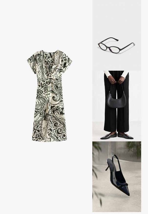 Čierne a biele šaty s paisley vzorom s krátkymi rukávmi, s uzlom v páse a so siluetou do A s dĺžkou po kolená.; Čierne lakované kožené sandále na vysokom podpätku s špicatou špičkou a dekoratívnou sponou, visia nad svetlou prasklinovou podlahou.; Čierne okuliare s oválnym rámom a priesvitnými fialovými akcentmi na sklách. Rámy majú matný povrch a štíhle, priame nožičky.; Čierna kožená taška cez rameno s oblejším tvarom, lesklým povrchom a striebornými kovovými doplnkami. Osoba oblečená v čiernych nohaviciach s širokými nohavicami a ozdobených mokasínach.