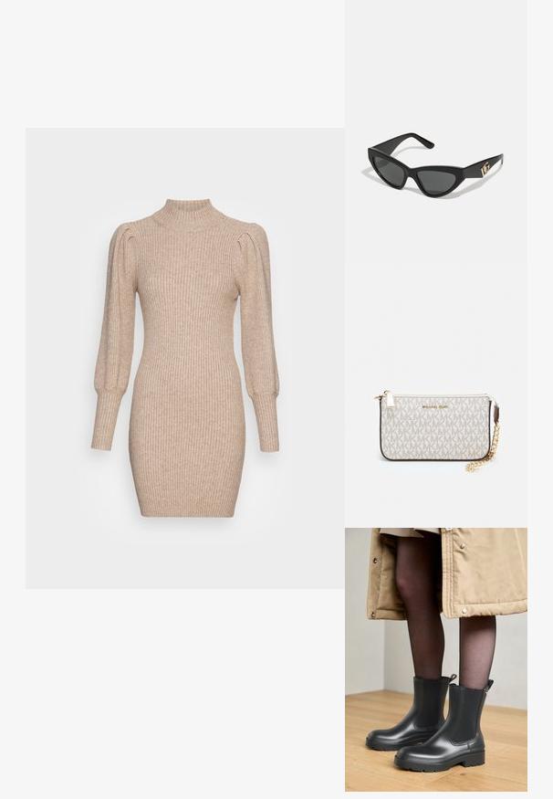 Knit dress in beige featuring ribbed texture, high neck, and puffed sleeves. Form-fitting silhouette with a short hemline.; Black rubber ankle boots with a smooth finish, elastic side panels, and sturdy soles. Worn with dark tights and a beige coat.; Cat-eye sunglasses with a matte black plastic frame, dark lenses, and a gold logo accent on the temple. Angular design and smooth texture.; Michael Kors wristlet in beige coated canvas featuring a repeating MK logo pattern, gold hardware, and a detachable chain strap.