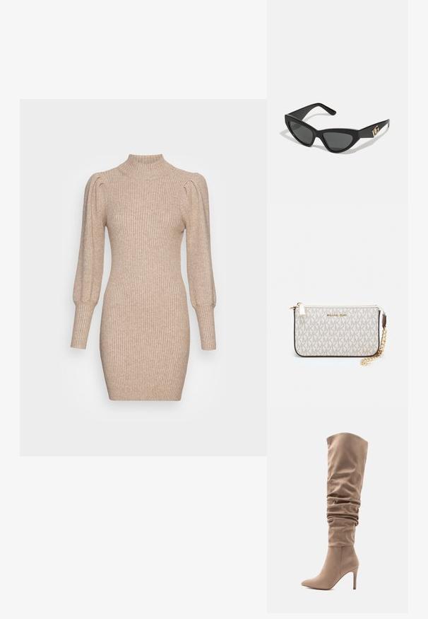 Beige kötött ruha bordás textúrával, magas nyakkal és puffos ujjal. Testhez simuló sziluett rövid szoknyával.; Beige műsuede térd fölé érő csizma laza fazonnal, hegyes orral és 4 hüvelykes stiletto sarokkal. Simább textúra és minimalista stílus.; Macska szemformájú napszemüveg matt fekete műanyag kerettel, sötét lencsékkel és arany logóval a szárán. Szögletes kialakítás és sima felület.; Michael Kors bézs bevonatos vászon karkötő, amely ismétlődő MK logó mintával, aranyszínű fémrészletekkel és levehető lánchordóval rendelkezik.