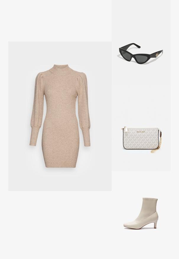 Rochie tricotată în bej, cu textură randată, guler înalt și mâneci bufante. Siluetă ajustată cu o lungime scurtă.; Botine albe, din piele lucioasă, cu vârf ascuțit și toc scurt, conic. Au un design minimalist și un superior fără cusături.; Ochelari de soare tip cat-eye cu un cadru din plastic mat de culoare neagră, lentile întunecate și un accent de logo aurit pe tâmple. Design unghiular și textură netedă.; Clutch Michael Kors din canva acoperit bej, cu un model repetitiv al logo-ului MK, accesorii din aur și o curea cu lanț detașabil.