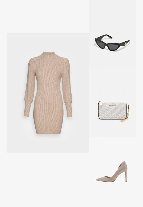 Rochie tricotată în bej, cu textură randată, guler înalt și mâneci bufante. Siluetă ajustată cu o lungime scurtă.; Pantofi cu toc înalt din piele ecologică bej, cu vârf ascuțit, laterale decupate ușor și tocuri subțiri. Textură netedă cu un finisaj lucios.; Ochelari de soare tip cat-eye cu un cadru din plastic mat de culoare neagră, lentile întunecate și un accent de logo aurit pe tâmple. Design unghiular și textură netedă.; Clutch Michael Kors din canva acoperit bej, cu un model repetitiv al logo-ului MK, accesorii din aur și o curea cu lanț detașabil.