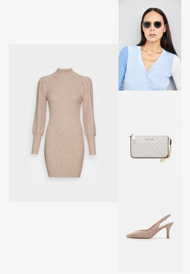 Pletené šaty v béžové barvě s žebrovanou texturou, vysokým límcem a nabíranými rukávy. Tvarující silueta s krátkou délkou.; Slingback vysoké podpatky z měkké béžové semišové kůže, špičatá špička, štíhlý podpatek a nastavitelné kotníkové pásky s kulatou sponou.; Kulaté sluneční brýle s tmavými čočkami a zlatými rámy. Modelka má na sobě světle modrý žebrovaný kardigan s knoflíky a kontrastními bílými rukávy.; Kabelka na zápěstí Michael Kors v béžové potažené plátno s opakujícím se vzorem loga MK, zlatými kovovými doplňky a odnímatelným řetízkovým popruhem.