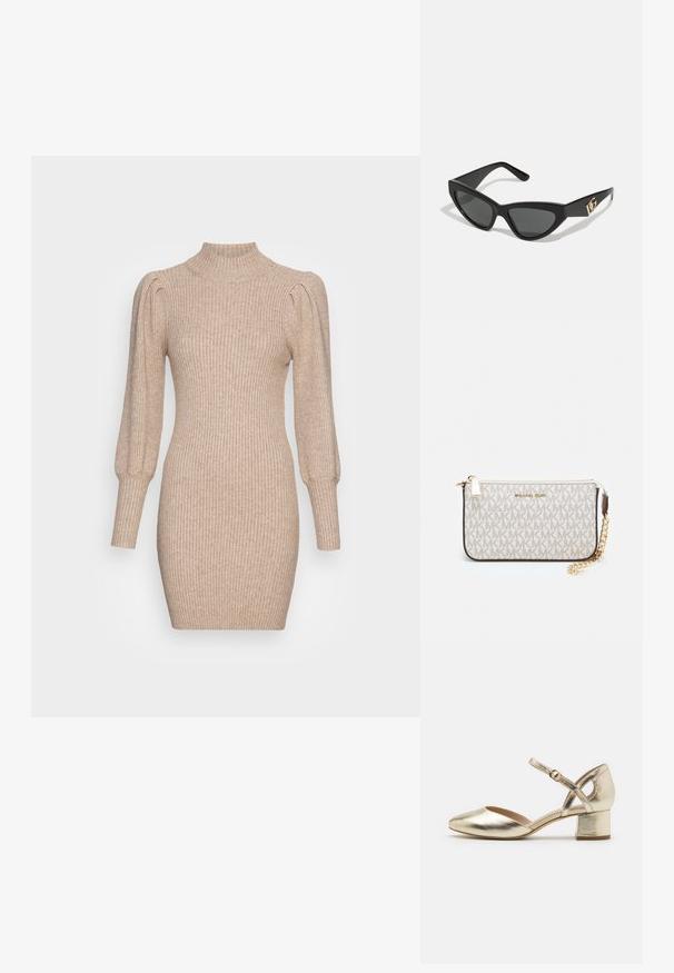 Strikkekjole i beige med ribbet tekstur, høy hals og puffede ermer. Kroppsnær silhuett med kort hemline.; Gull metalliske hæler med rund tå, ankelrem og blokkhelt. Glatt tekstur med en blank overflate og kryssremdesign.; Kattøye solbriller med ramme i matt svart plast, mørke linser og en gull logoaccent på stangen. Vinklet design og jevn tekstur.; Michael Kors håndleddsveske i beige belagt kanvas med et gjentakende MK-logo mønster, gullfarget maskinvare og en avtakbar kjede-rem.