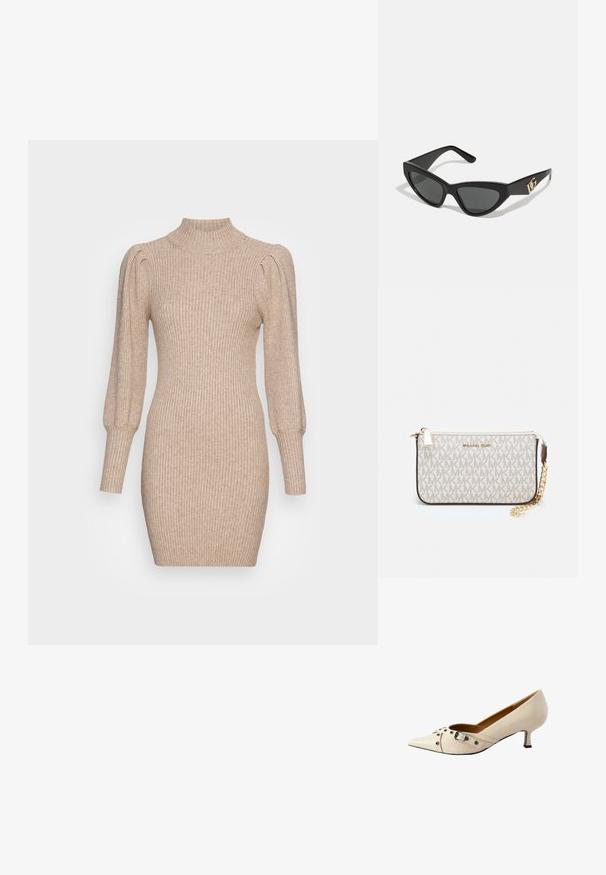 Strikket kjole i beige med ribbet tekstur, høj hals og puffede ærmer. Figursyet silhuet med en kort halkant.; Beige læderpumpe med spids tå, udstyret med en dekorativ rem med spænde og sølvnitter, samt en lille hæl.; Cat-eye solbriller med en mat sort kunststoframme, mørke linser og en guldfarvet logoaccent på stænger. Vinklet design og glat overflade.; Michael Kors håndleddstropp i beige belagt lær med et gentaget MK-logo mønster, guld hardware og en aftagelig kædestrop.